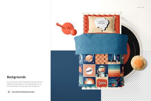 Top view of a toddler bedding set mockup with colorful space-themed patterns, blue blanket, and orange pillow.