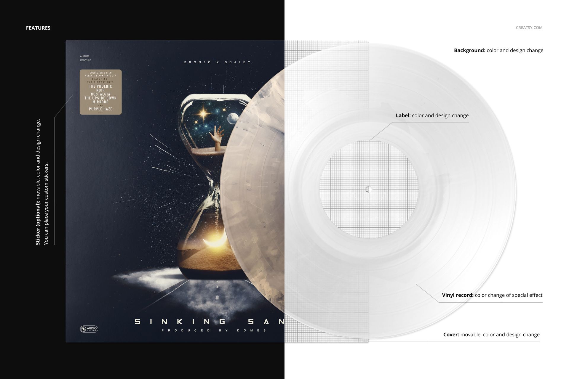 PSD mockup displaying a transparent marbled vinyl record overlapping a music album cover, with labeled design options.