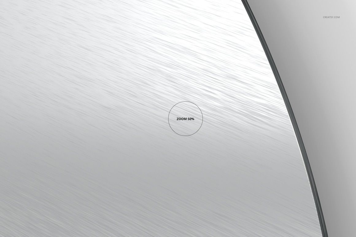 Detailed partial side perspective of a circular metal disk print mockup featuring a sleek brushed metallic finish.