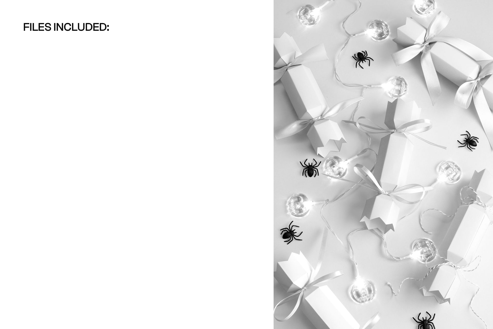 Halloween party cracker packaging mockup featuring white crackers with ribbons, plastic spiders, and string lights on a light surface.