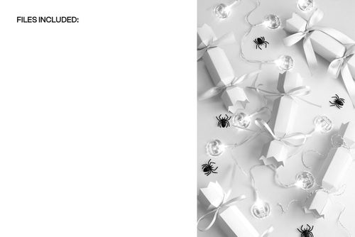 Halloween party cracker packaging mockup featuring white crackers with ribbons, plastic spiders, and string lights on a light surface.