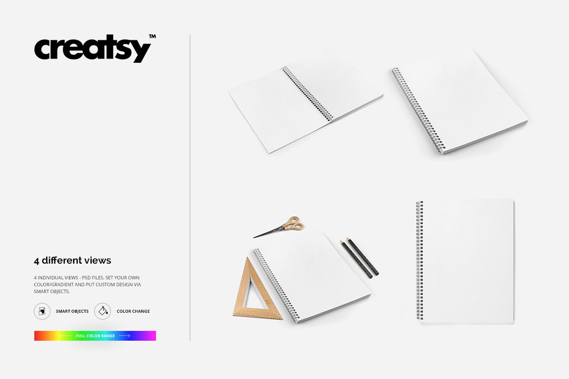 Spiral-bound notebook mockup set showing four views, including open and closed layouts, on a white background.