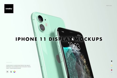 iPhone 11 PSD mockup featuring two green phones, one showing the front display and the other the rear camera.