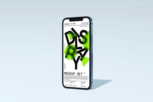 Front view of an iPhone 12 Pro with a display mockup featuring bold black text and green geometric shapes on a white background.