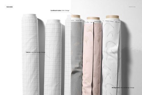 Fabric rolls mockup with various designs, showing white, gray, and pink fabrics with grid and leaf motifs from a front angle.