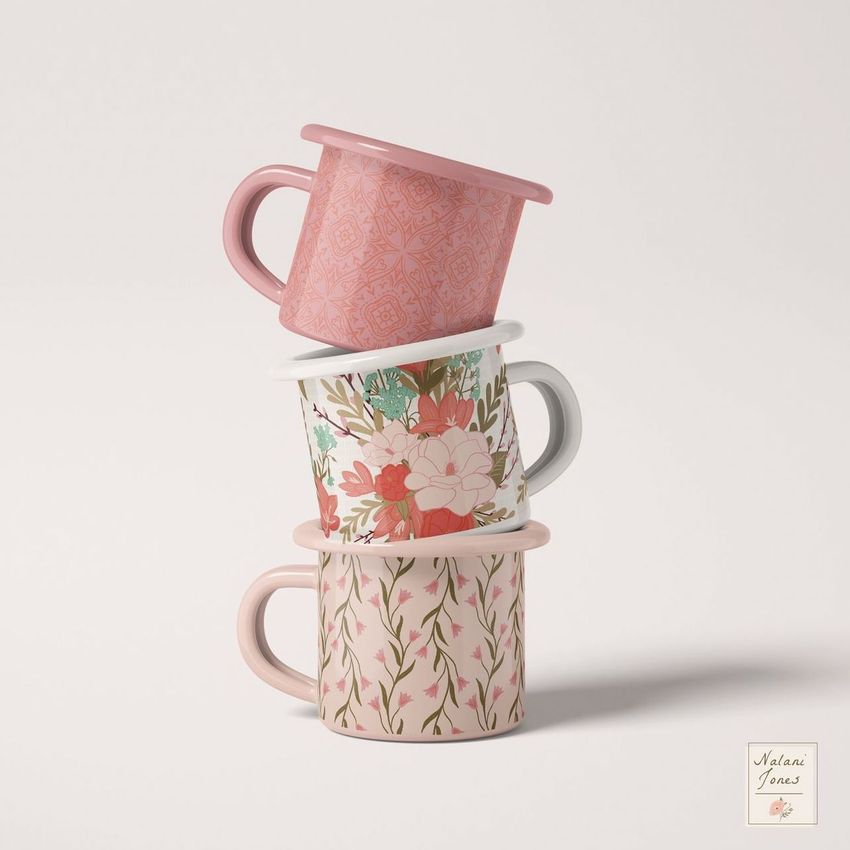 Three enamel mug mockups stacked vertically, each featuring different floral and geometric patterns in pink, white, and green tones.