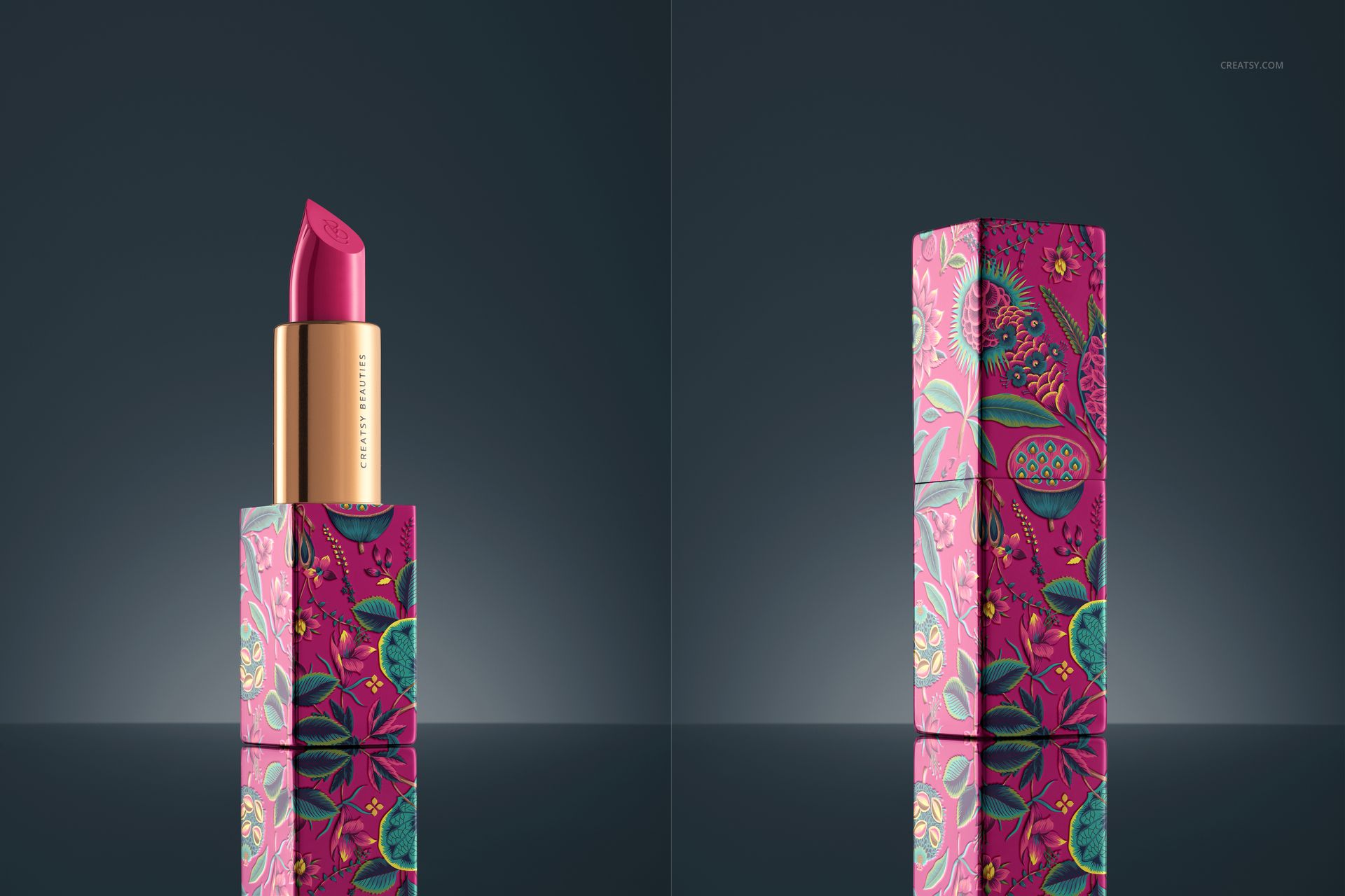 Mockup of a classic lipstick in a gold tube with a floral pink case, displayed open and closed against a dark background.