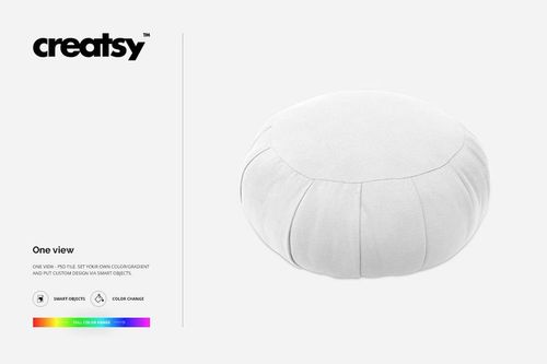 Plain round meditation pillow with stitched segments, displayed in a PSD mockup on a clean white surface.