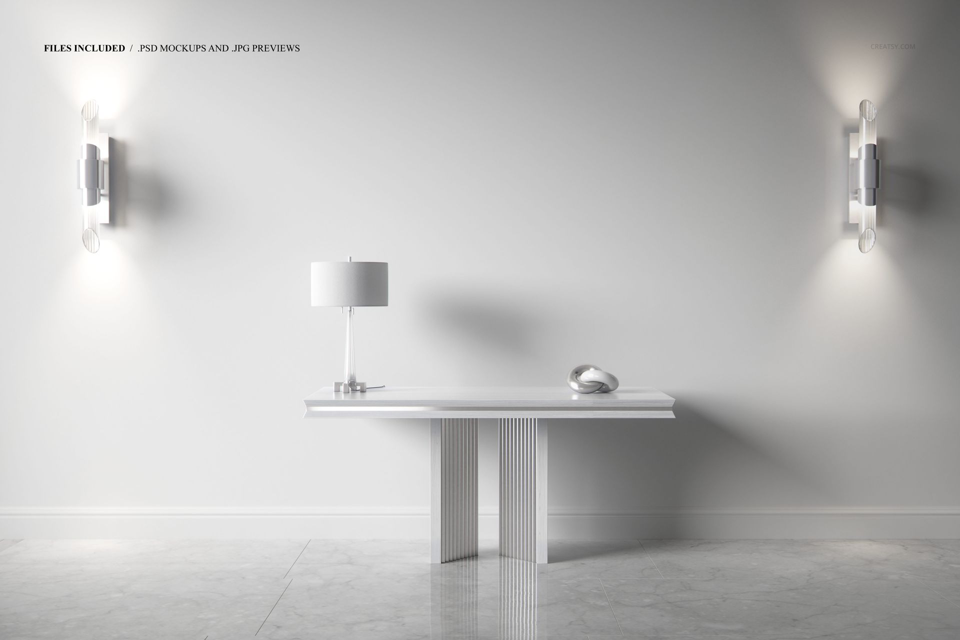 Elegant console table mockup in a minimalist room, featuring a white lamp, silver decor, and soft wall lighting.