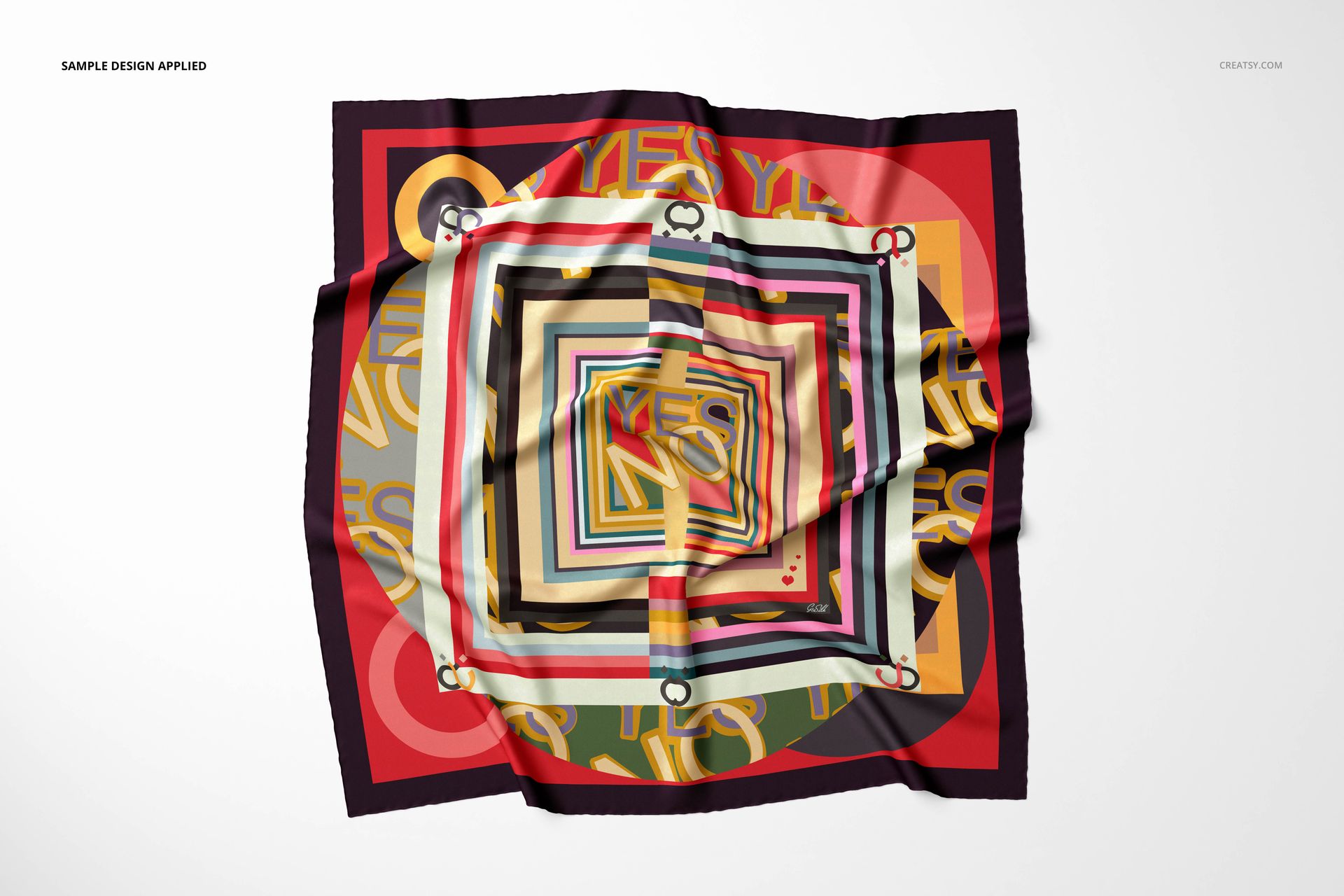 Square twill silk scarf mockup with multicolored geometric pattern, displayed from a top view on a white background.