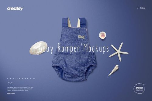 Blue baby romper mockup featuring swirling designs, placed flat on a purple background with assorted sea-themed props.