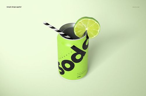 Green soda can mockup with black text, black and white striped straw, and lime slice on light green background.