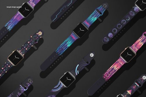 Apple Watch Band PSD mockup set showing watches with creative multicolor strap designs on a sleek dark backdrop.