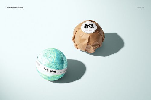 Bath bomb mockup set showing a blue-green bath bomb and a brown paper-wrapped bath bomb with branded labels.