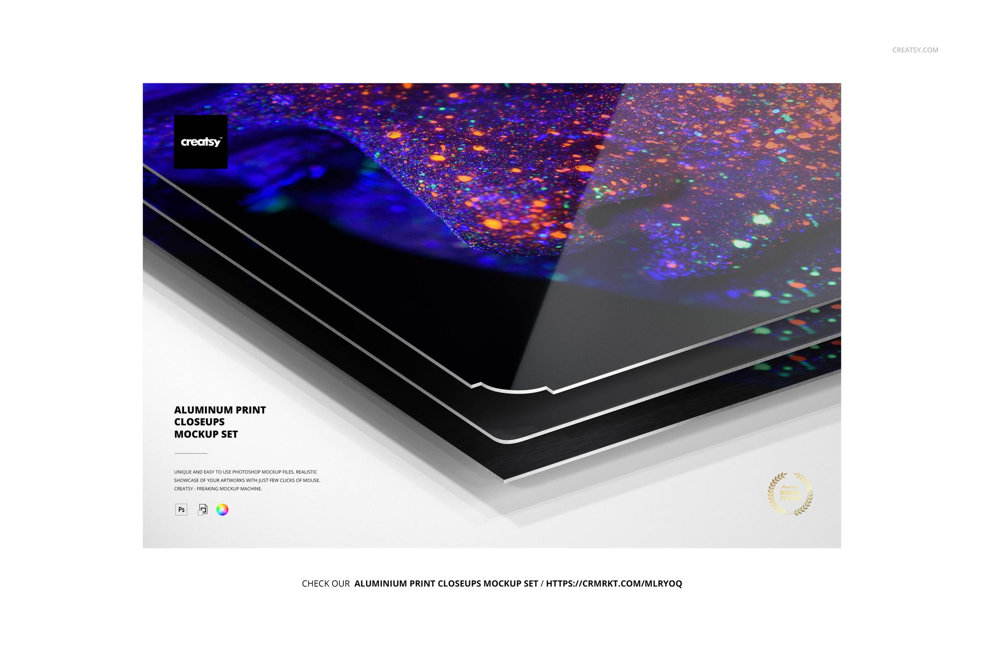 PSD mockup scene displaying layered aluminum metal prints with vivid colors and textured finishes in a diagonal layout.