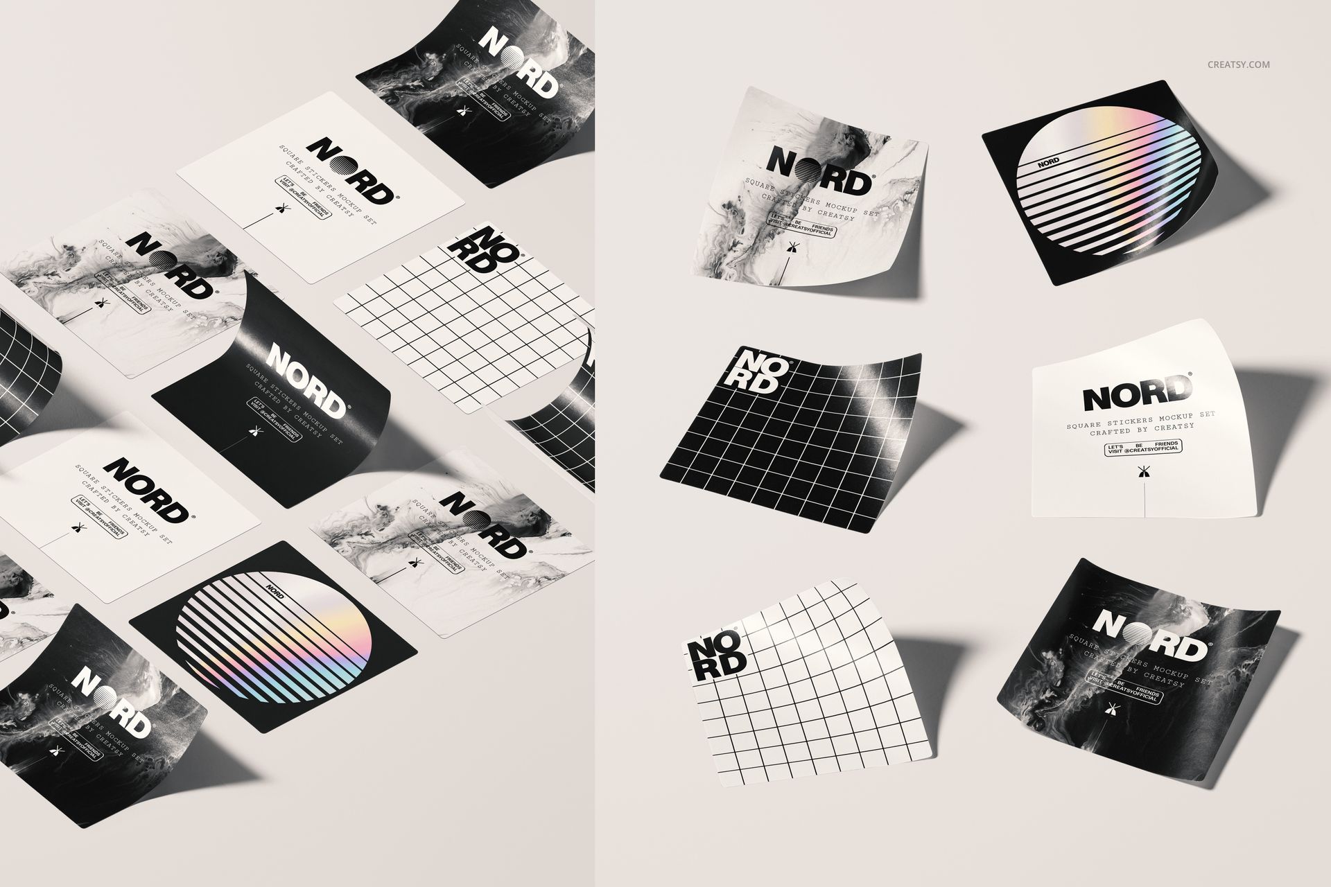 Square sticker PSD mockup set with monochrome and colorful designs, some stickers lying flat and others slightly curled.