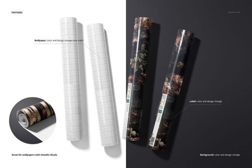 Mockup of two wallpaper rolls, one featuring a white grid pattern and the other a dark floral print, displayed on split backgrounds.