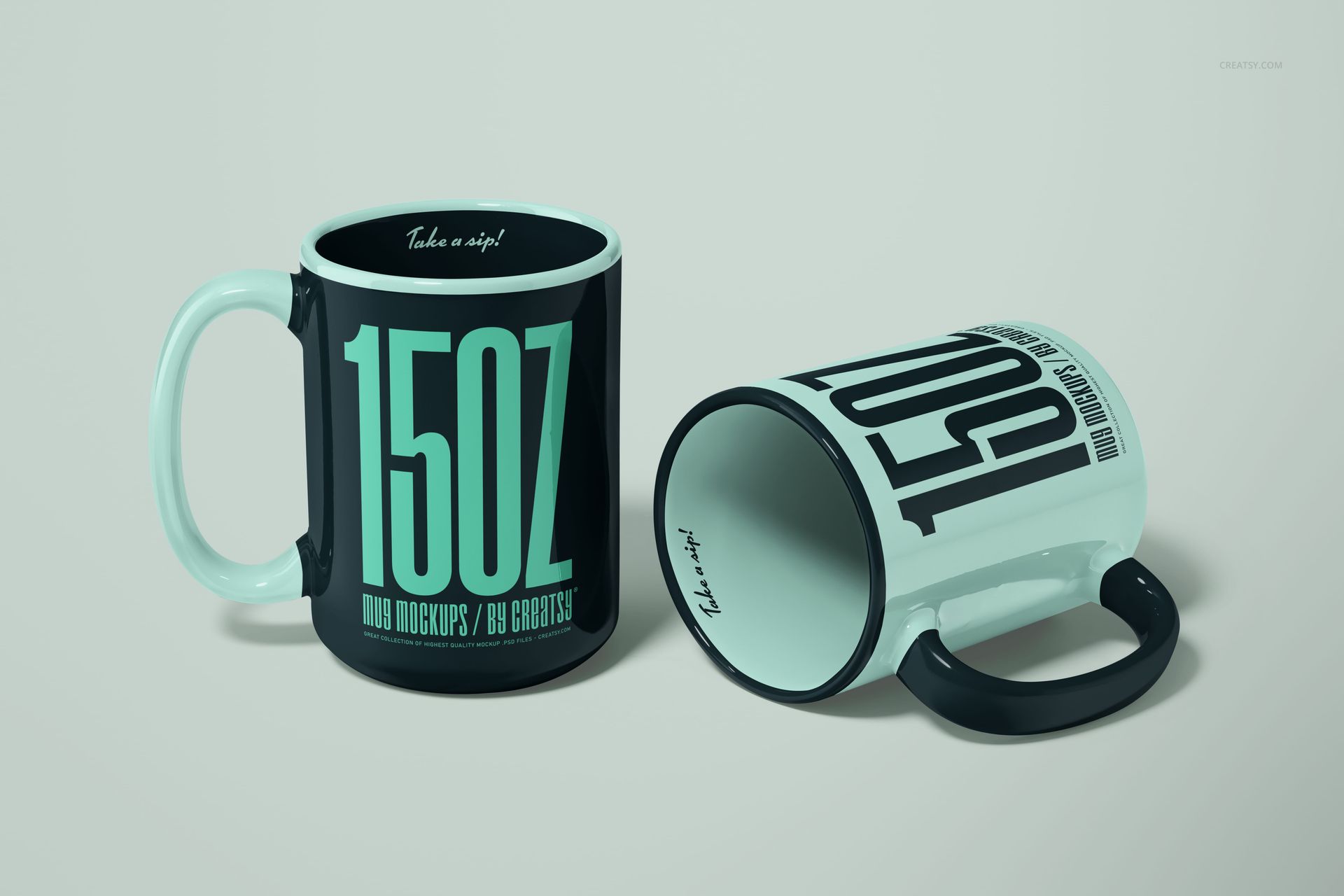 Two 15oz ceramic mugs in a mockup scene, one upright and one lying on its side, featuring bold teal and black colors.