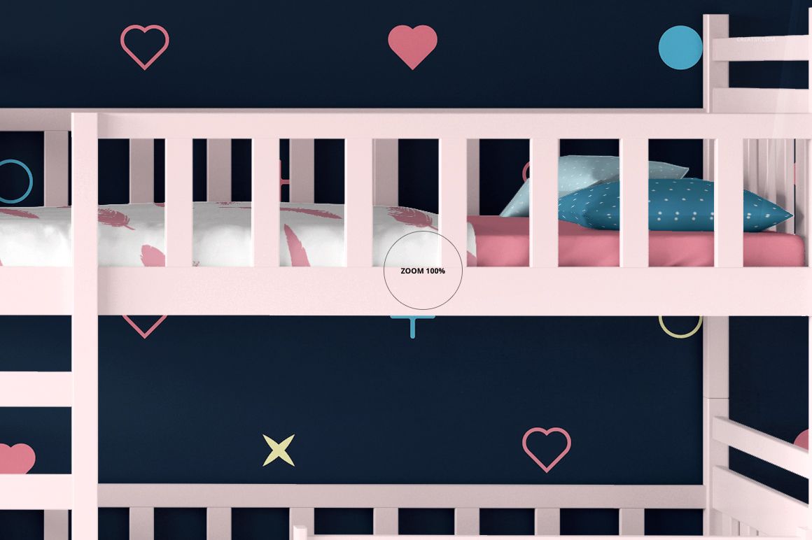Kids room carpet mockup featuring a bunk bed with pink frame, patterned bedding, and dark wall with colorful shapes.