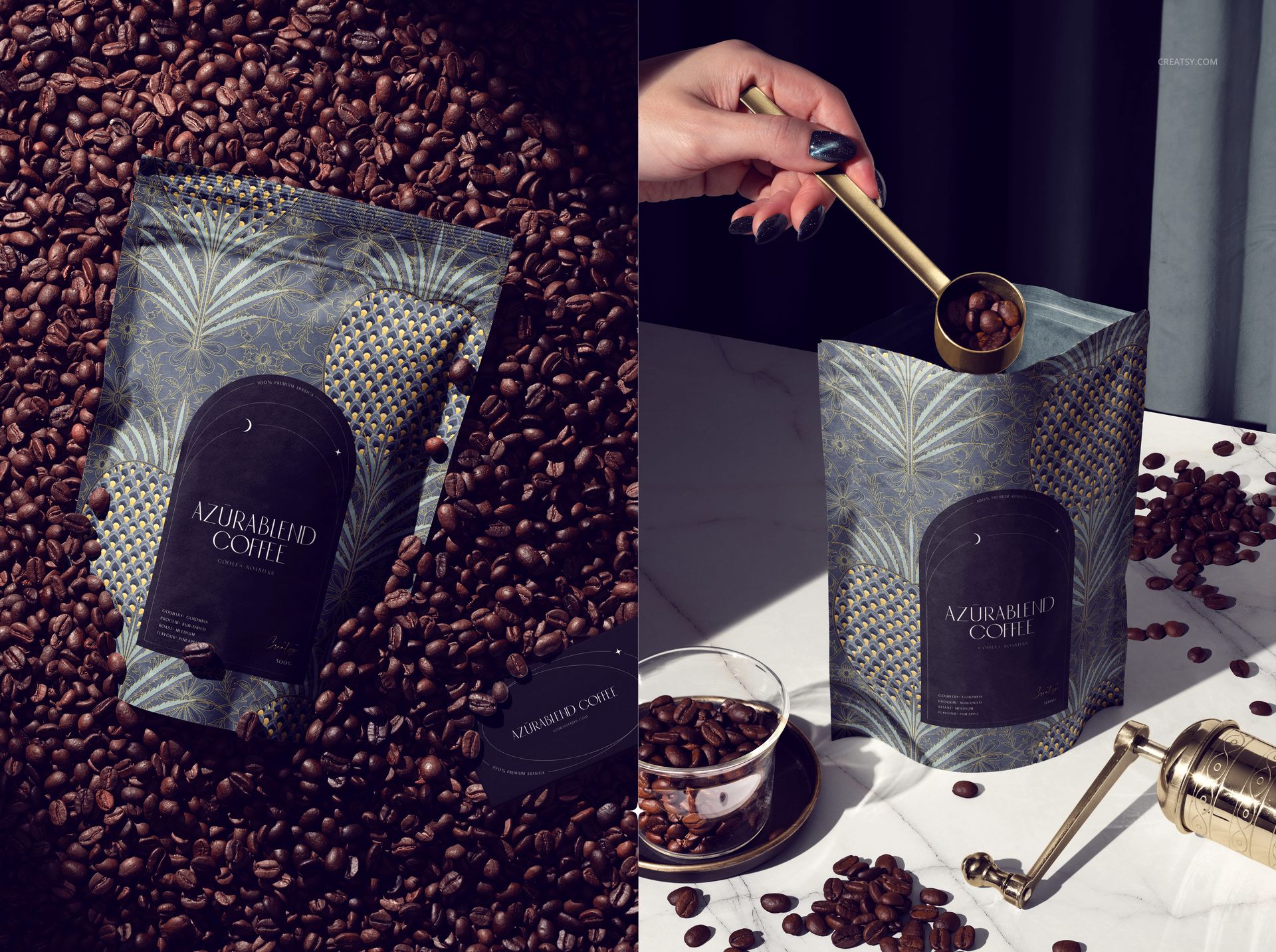Front view of a coffee packaging mockup with a dark patterned design, surrounded by coffee beans and a gold scoop.