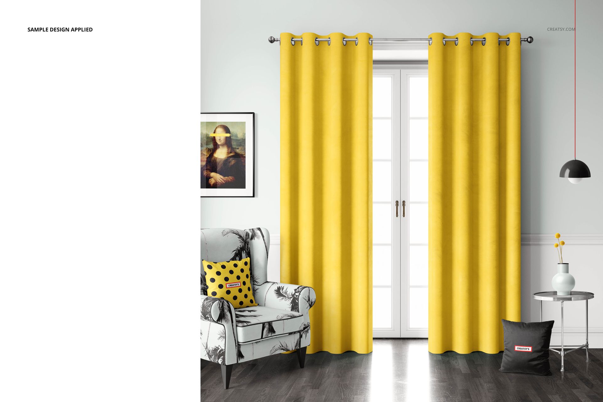 Yellow velvet eyelet curtains mockup displayed in a contemporary room with patterned armchair and framed artwork.