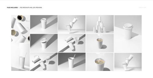Multiple white paper cups displayed in different perspectives, some with lids and straws, presented as a mockup set.