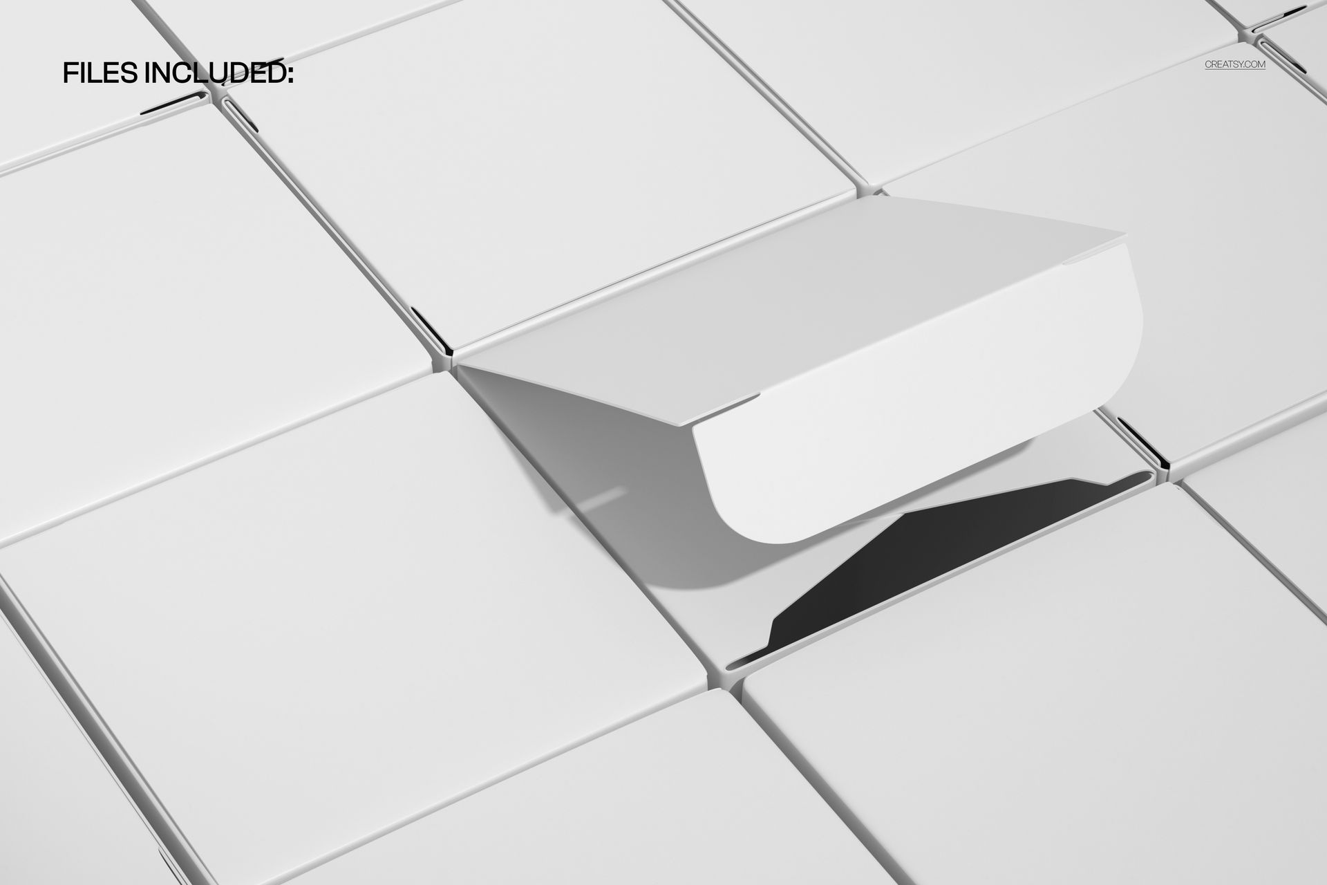 PSD mockup showing a series of white cartons arranged in a grid, with one box lid lifted to reveal the interior.