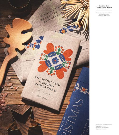 Mockup of linen kitchen towels featuring colorful Christmas designs and seasonal greetings, shown from a top view.