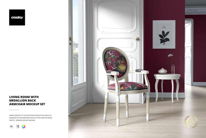 PSD mockup of a classic armchair with floral seat, next to a round white table and framed botanical artwork.