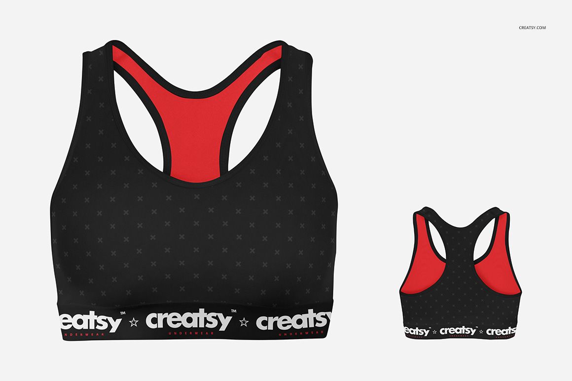 Black sport bra mockup with subtle star pattern, red inner lining, and white branded band shown from two angles.