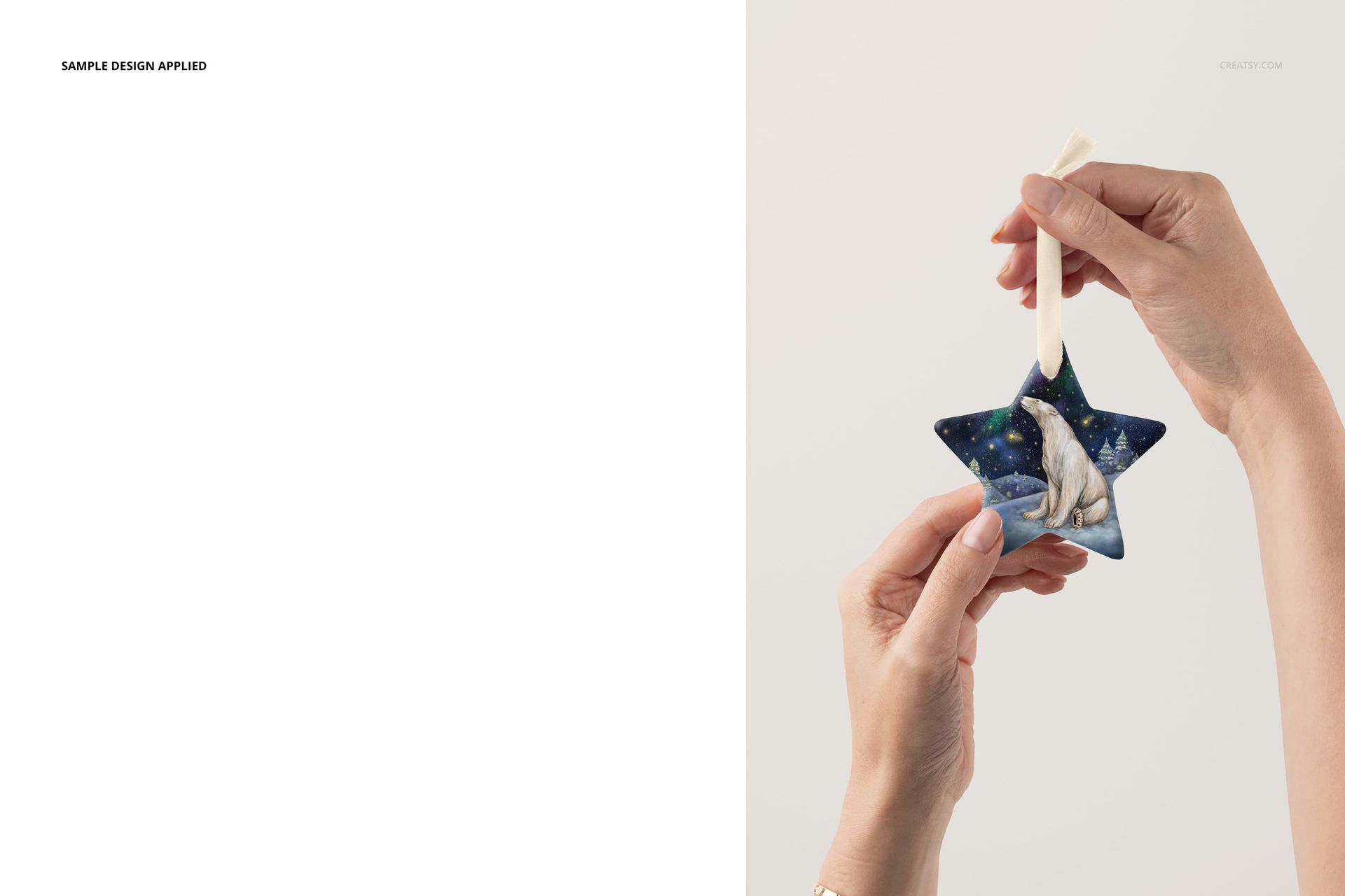 Star-shaped Christmas ornament mockup shown in hand, decorated with polar bear artwork and galaxy pattern.