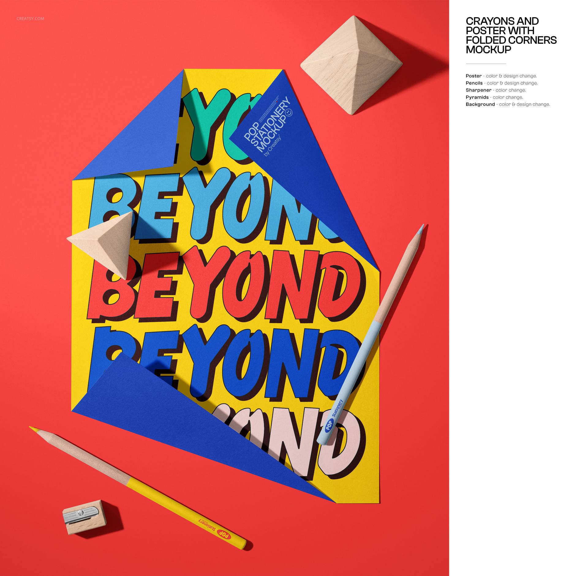 Colorful stationery mockup with a poster featuring bold text, blue paper corners, pencil, eraser, and wooden blocks on a red background, top view.