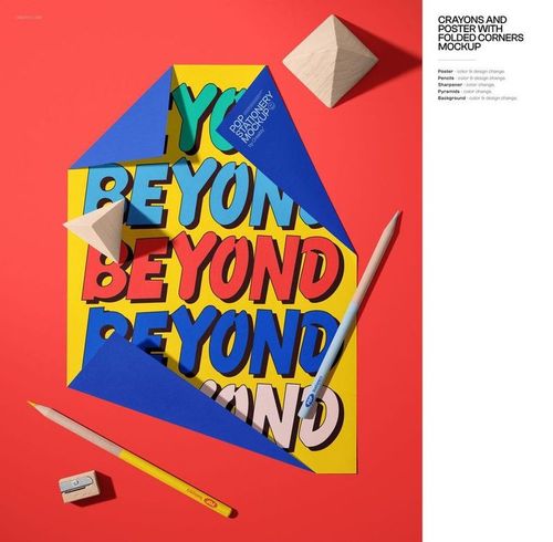Colorful stationery mockup with a poster featuring bold text, blue paper corners, pencil, eraser, and wooden blocks on a red background, top view.