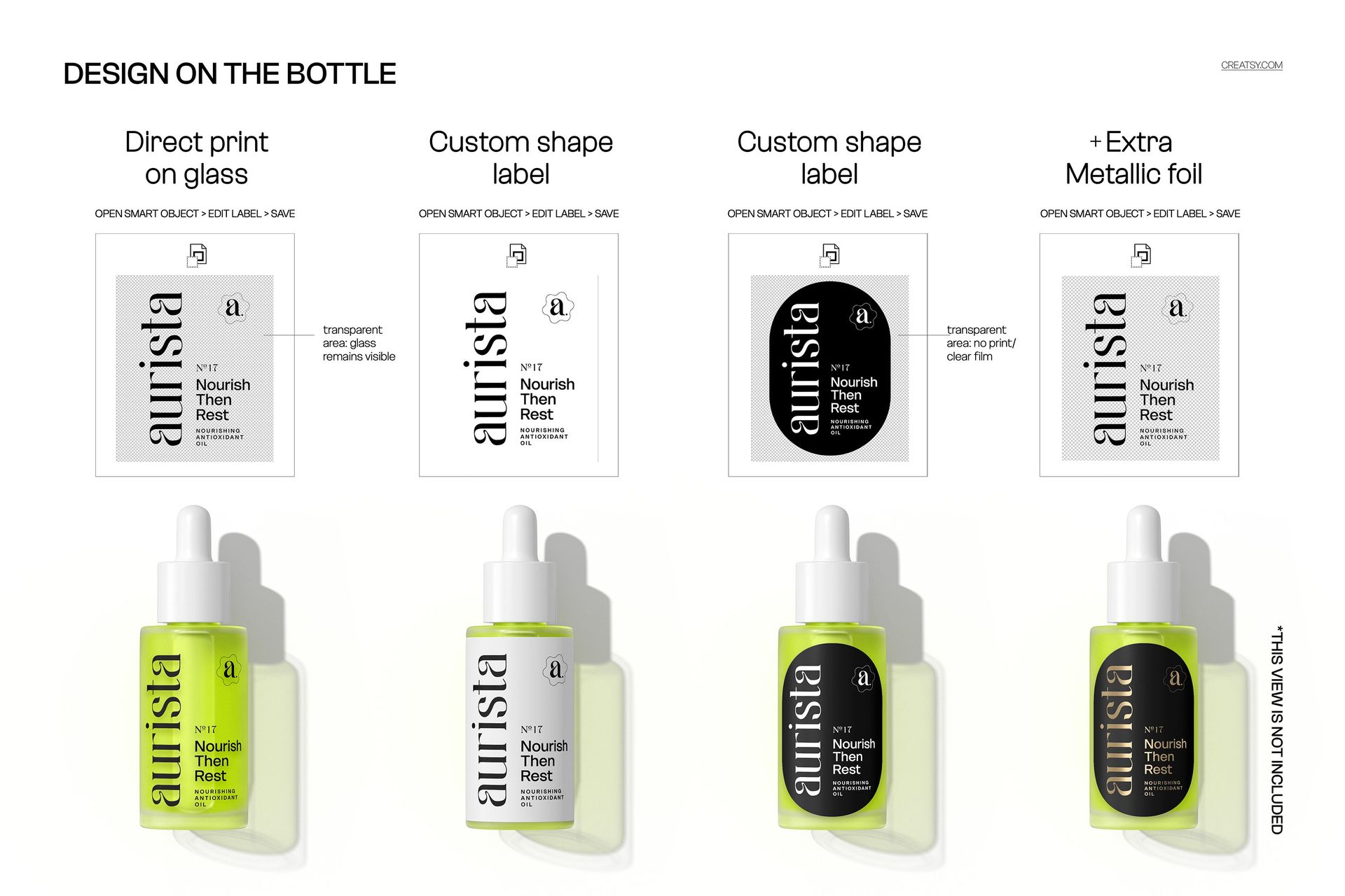 Front view of three dropper bottles with different label designs, displayed on a white background with design options above.