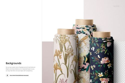PSD mockup of five fabric rolls with assorted flower prints, viewed from the front with a minimal background.