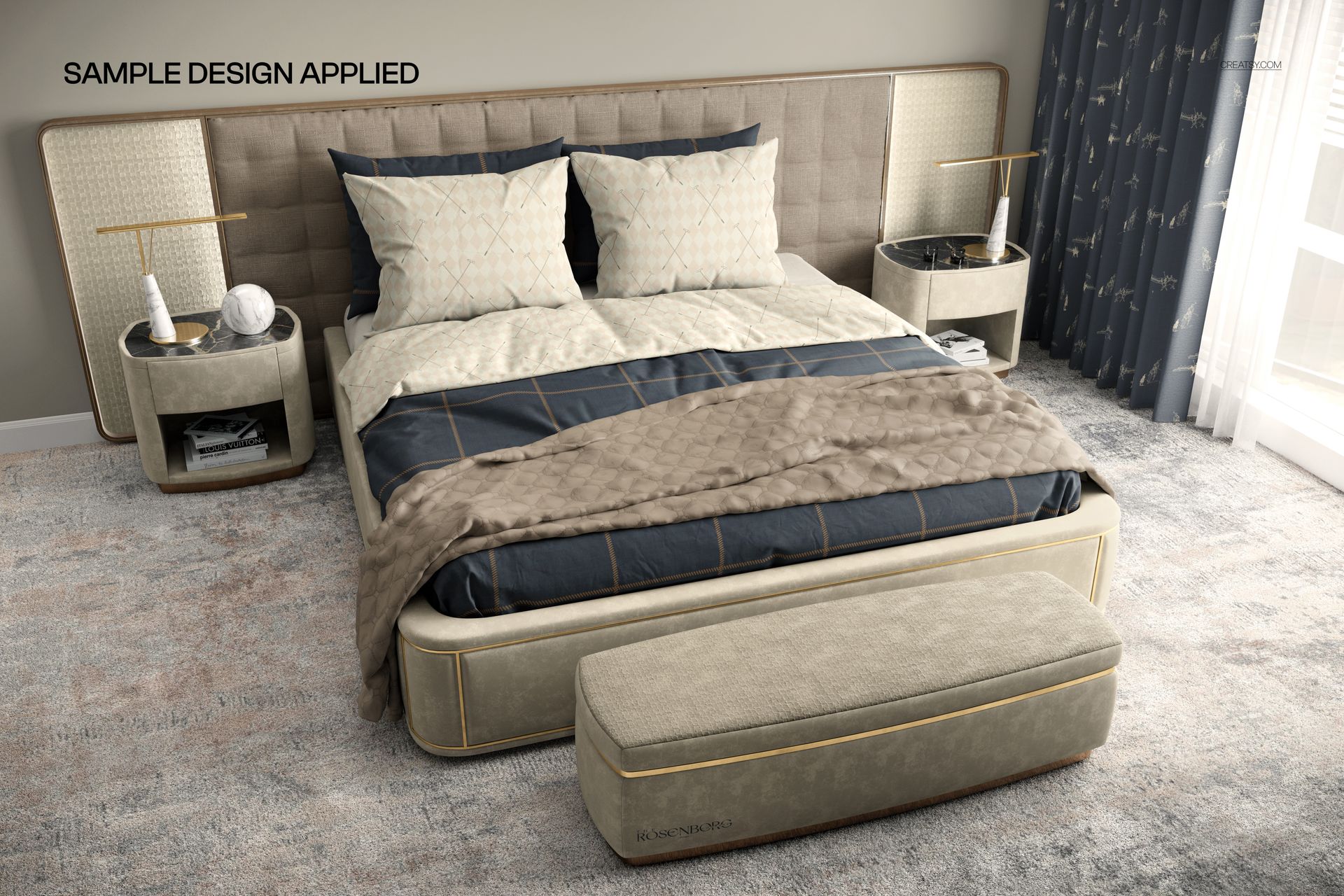 Hotel-style bedroom bedding mockup showing a neatly made bed with beige and navy linens, front view in a modern room.