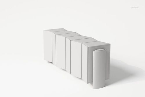Postmodern style sideboard with geometric panels in white, shown from a front angle on a plain background.