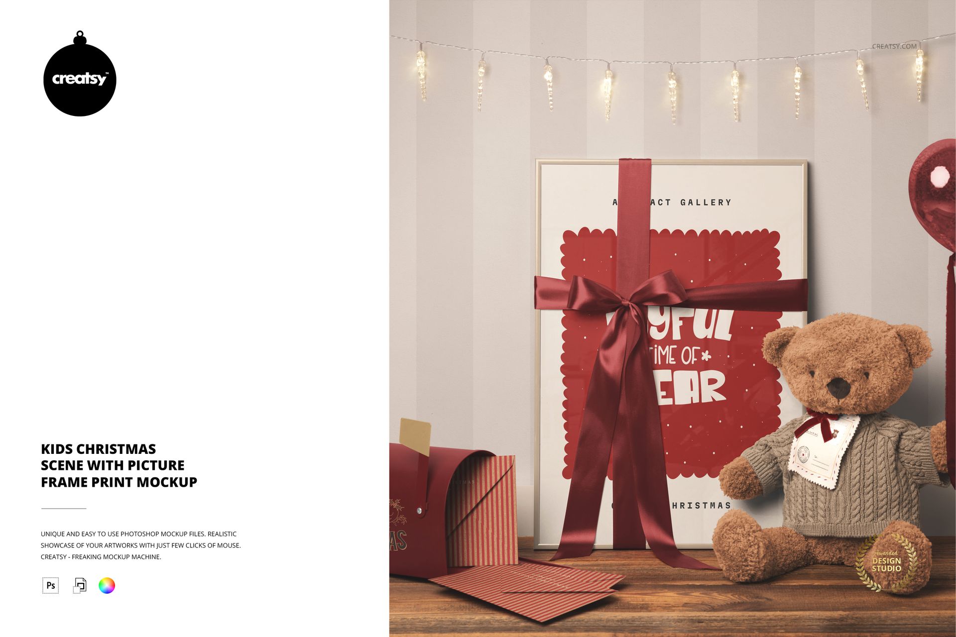 Front view of a Christmas-themed kids room scene with a picture frame mockup, teddy bear, string lights, and festive decor.