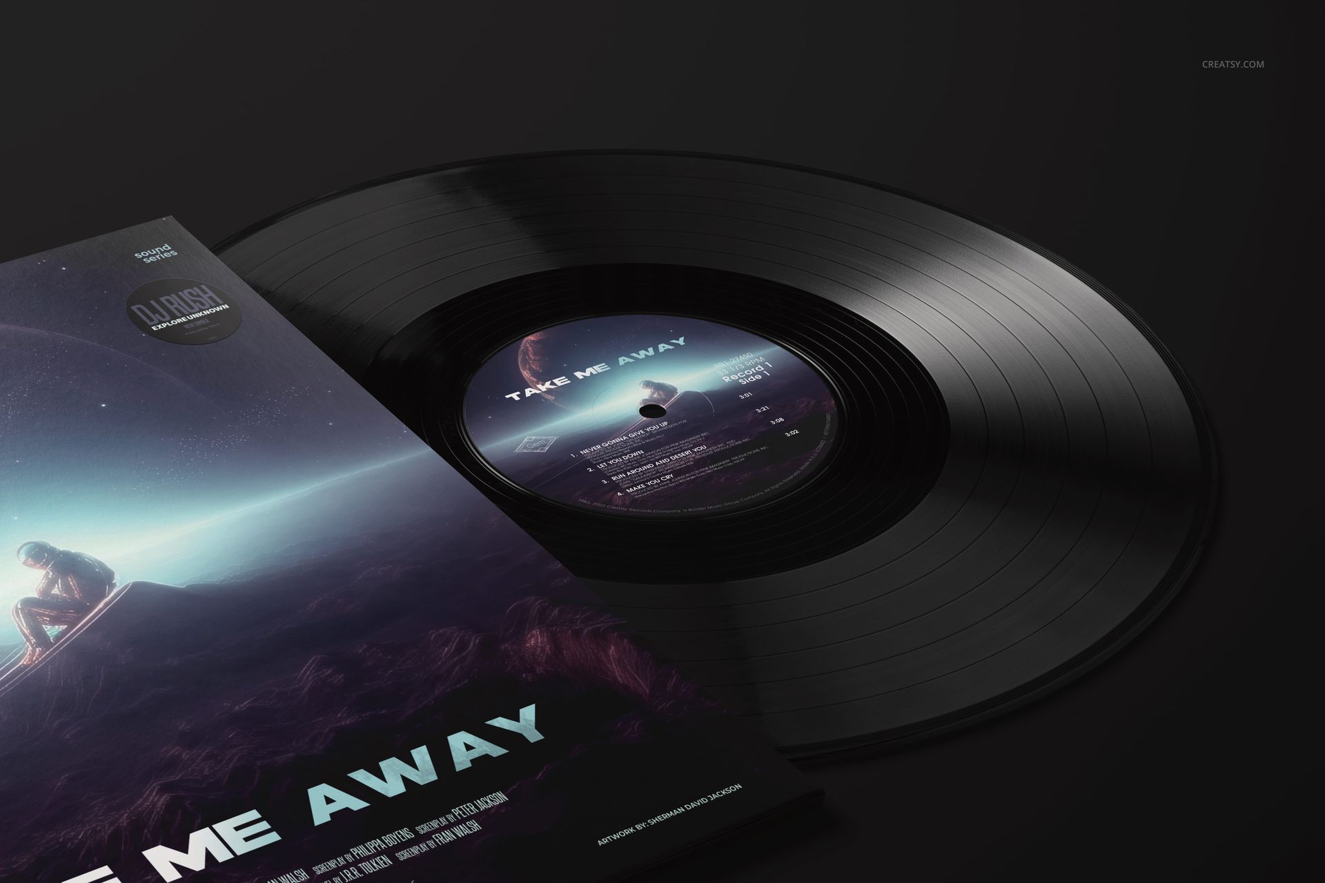 Glossy black vinyl record and colorful album cover displayed side by side in a realistic PSD mockup scene.
