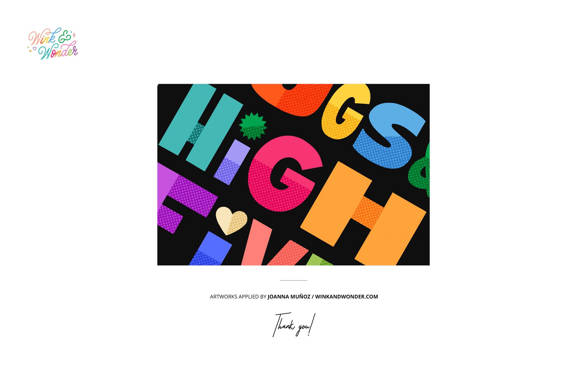 Square folded greeting card mockup featuring bold, colorful letters on a black background, viewed from the front.