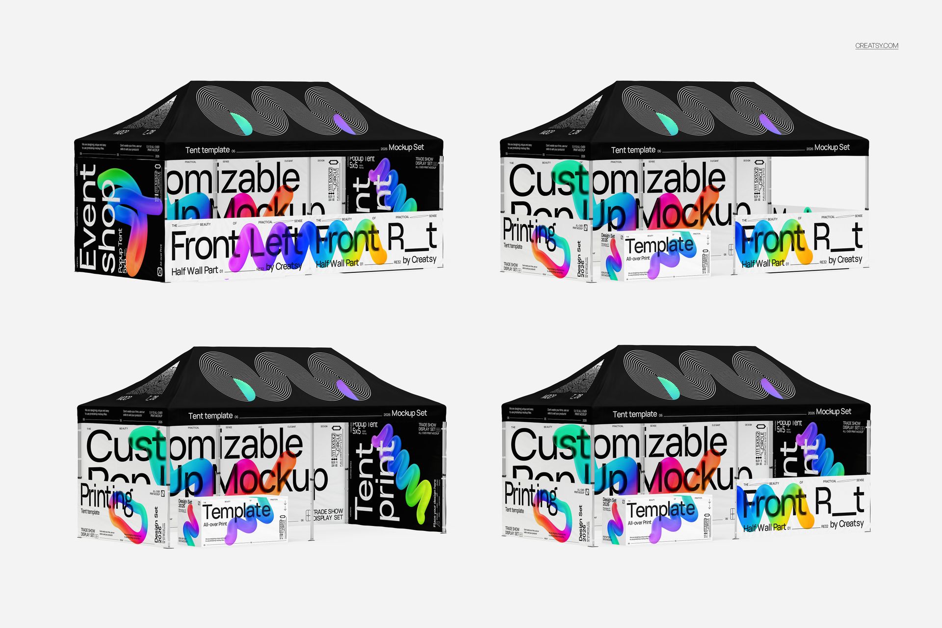 Pop-up tent PSD mockup featuring four tents with black roofs and vibrant graphic side panels in a front view.