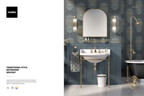 Traditional style bathroom mockup showing a white sink with brass fixtures, patterned wallpaper, and a round mirror.