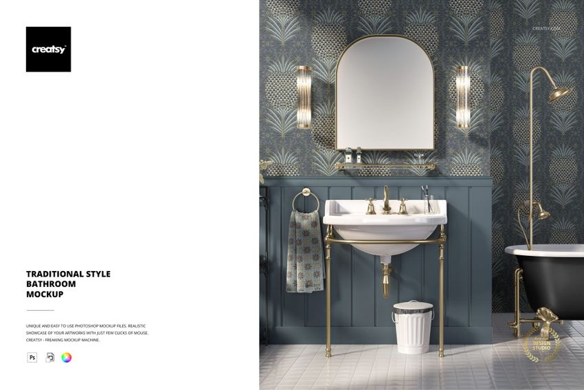 Traditional style bathroom mockup showing a white sink with brass fixtures, patterned wallpaper, and a round mirror.