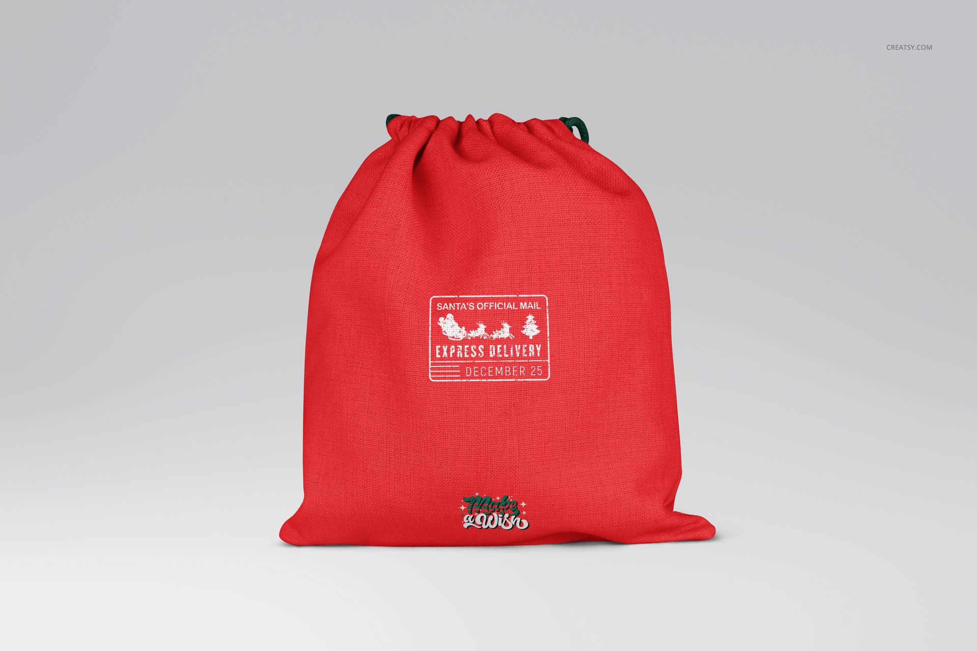 Red Santa bag mockup featuring a drawstring closure, white lettering, and holiday motif, displayed on a plain backdrop.