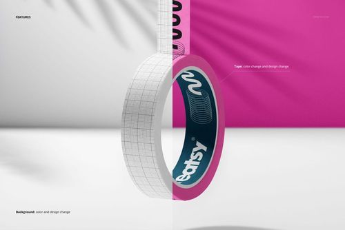 Single hanging packaging tape mockup with half showing a wireframe design and half a pink and teal printed tape, front view.