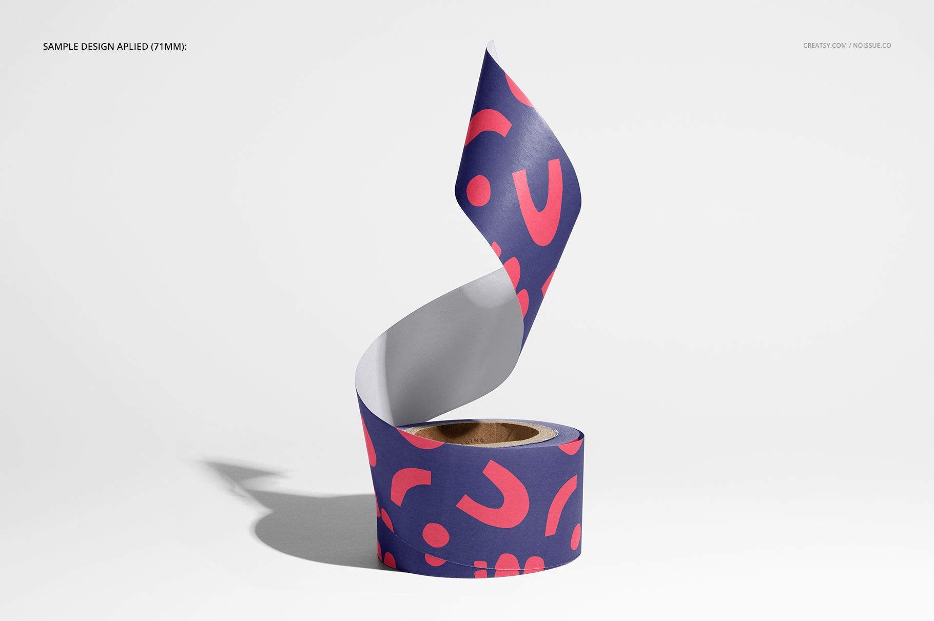 Mockup of a packing tape roll featuring a bold purple and pink abstract pattern, displayed in a curled arrangement.