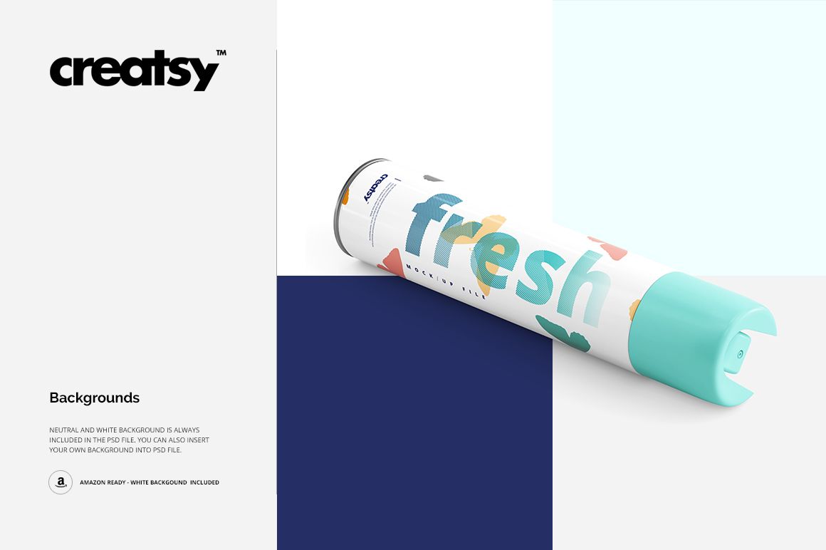 Air freshener mockup featuring a white canister with abstract shapes and blue accents, shown in a top angled view.