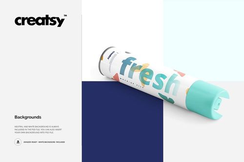 Air freshener mockup featuring a white canister with abstract shapes and blue accents, shown in a top angled view.