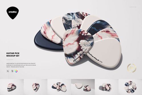 Front view of multiple guitar picks with swirling marble designs and plain shades, displayed as a PSD mockup set.