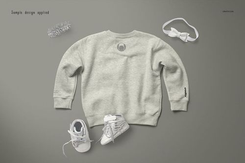 PSD mockup of a heather baby sweatshirt shown from the back, surrounded by white baby shoes and a bow headband.